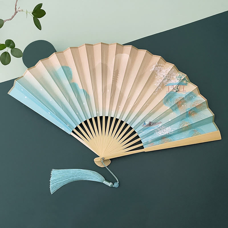 Mythstone Retro Lotus Flower Leaf Mountain Lake Handheld Folding Fan With Bamboo Frames