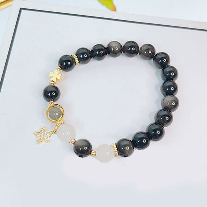 Mythstone Natural Silver Sheen Obsidian Love Heart Star Flower Protection Bracelet