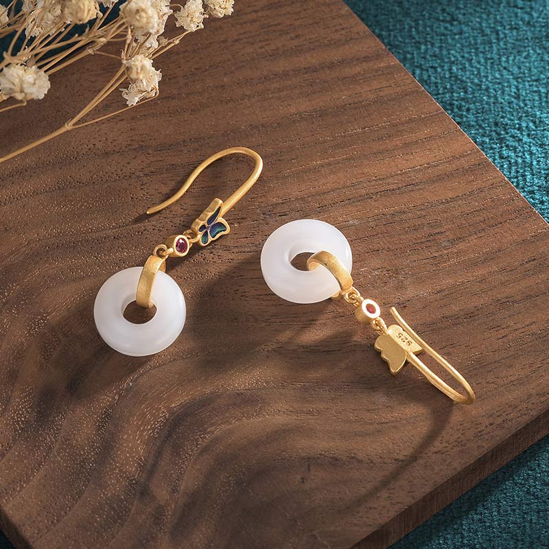 Pendientes de la suerte con forma de mariposa de jade blanco y piedra mitológica Feng Shui