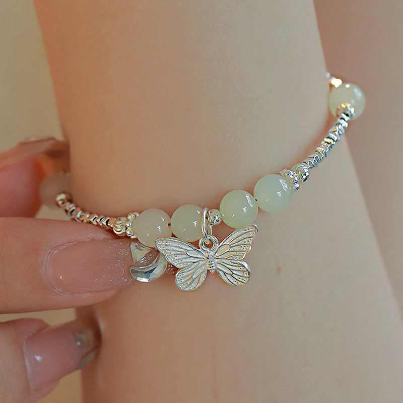 Mythstone 925 Sterling Silver Natural Hetian Jade Luck Butterfly Charm Bracelet