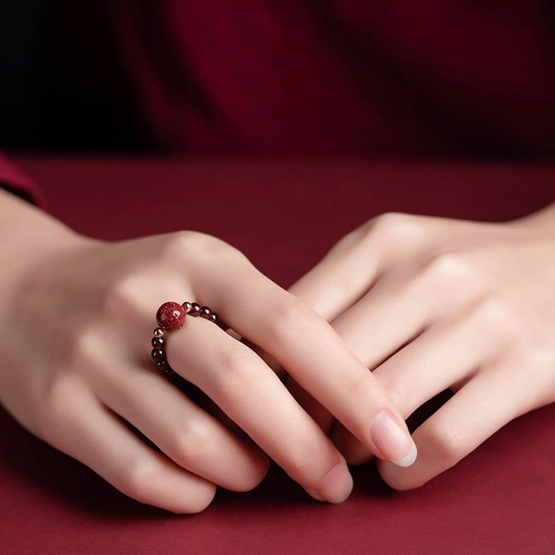 Mythstone Garnet Cinnabar Lucky Bead PiXiu Om Mani Padme Hum Rose Protection Ring