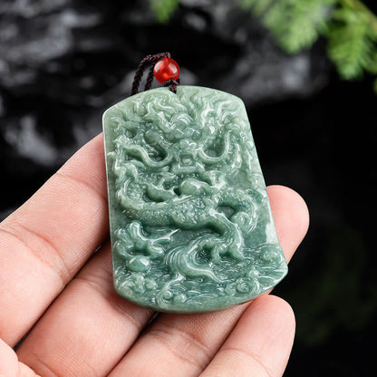 Mythstone Natural Jade Chinese Zodiac Dragon Sea Luck String Necklace Pendant