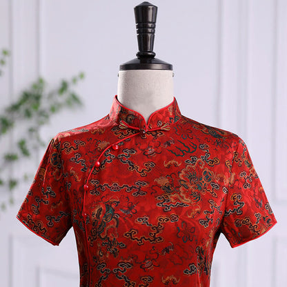 Mythstone Vintage Auspicious Clouds Leaf Print Cheongsam Dress Women's Qipao Dress