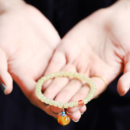 Pulsera de prosperidad con cristal de ágata roja, ámbar y calabaza de jade hetiano natural