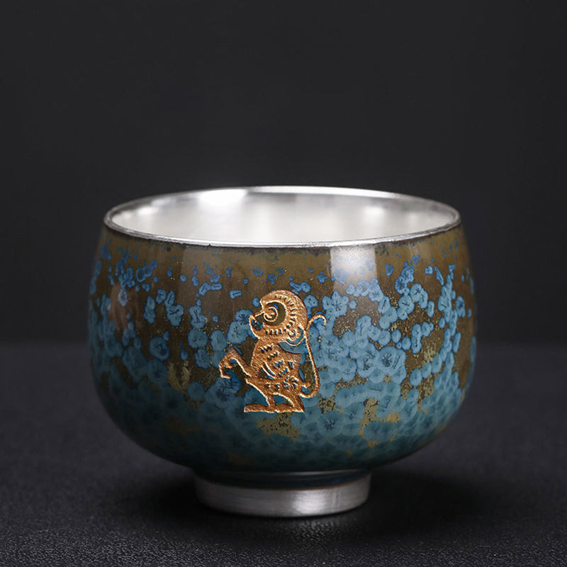 Mythstone 999 Gilt Silver Gilt Chinese Zodiac Ceramic Teacup Kung Fu Tea Cup 160ml