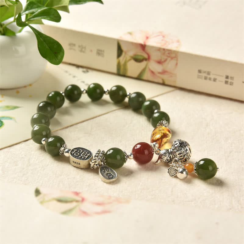 Mythstone 925 Sterling Silver Hetian Cyan Jade Gourd Amber Success Bracelet