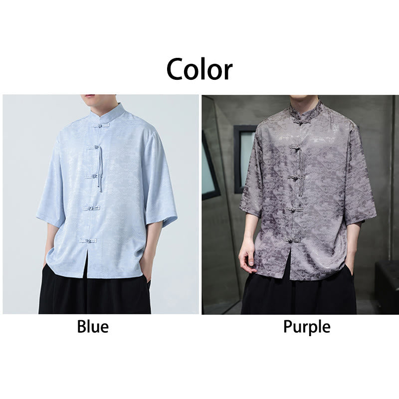 Mythstone Simple Jacquard Frog-button Chinese Three Quarter Sleeve Shirt Men T-shirt