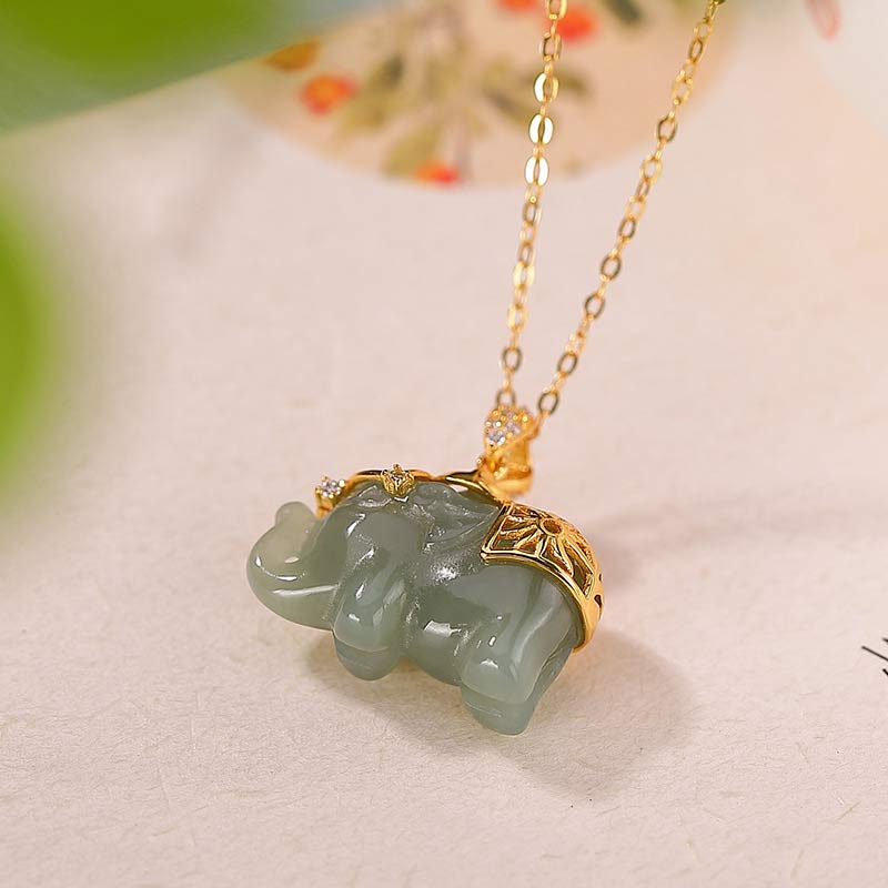 Mythstone 925 Sterling Silver Jade Elephant Blessing Fortune Necklace Chain Pendant