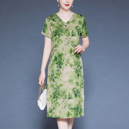 Mythstone V-Neck Green Leaves Flowers Pattern Short Sleeve Midi Dress With Pockets