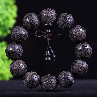 Mythstone Chinese Zodiac Rosewood Ebony Boxwood Copper Coin PiXiu Carved Warmth Bracelet