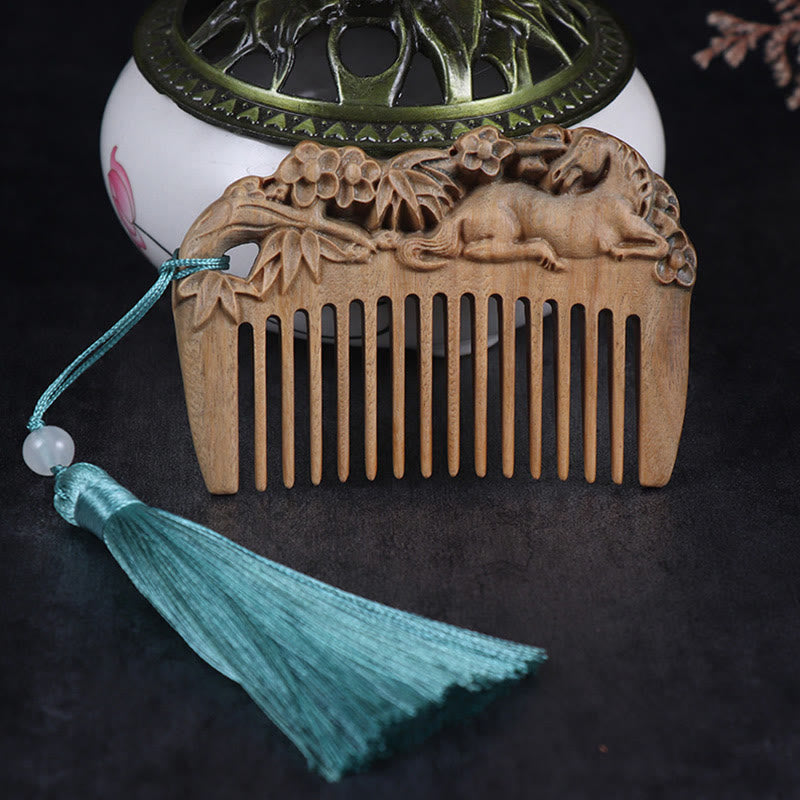 Mythstone Green Sandalwood Fox Peony Flower Lotus Engraved Cure Tassel Comb