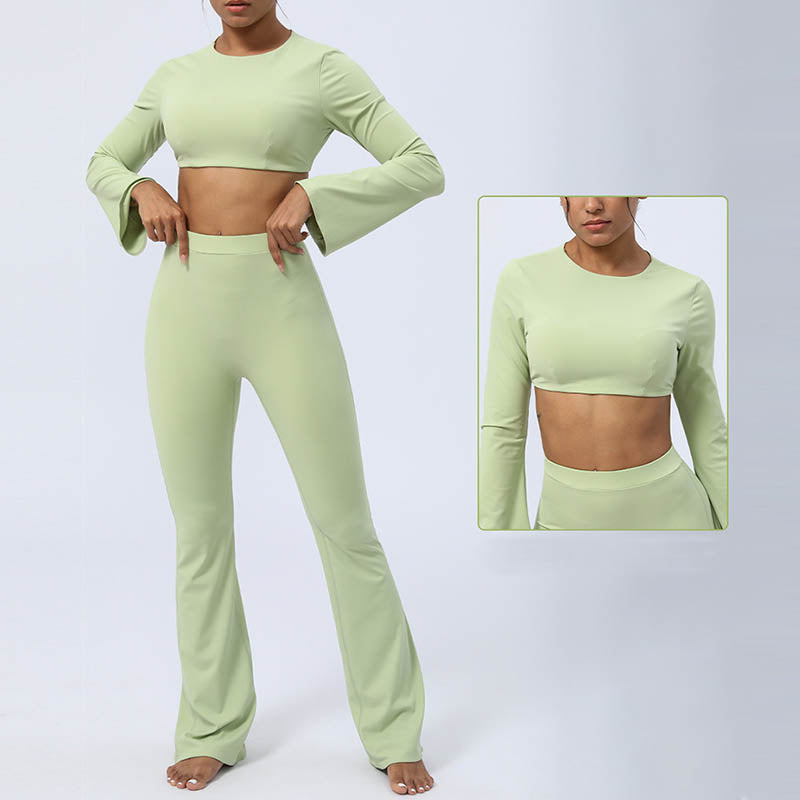 Mythstone Long Sleeve Backless Strap Top Bra Flare Pants Fitness Yoga Outfit