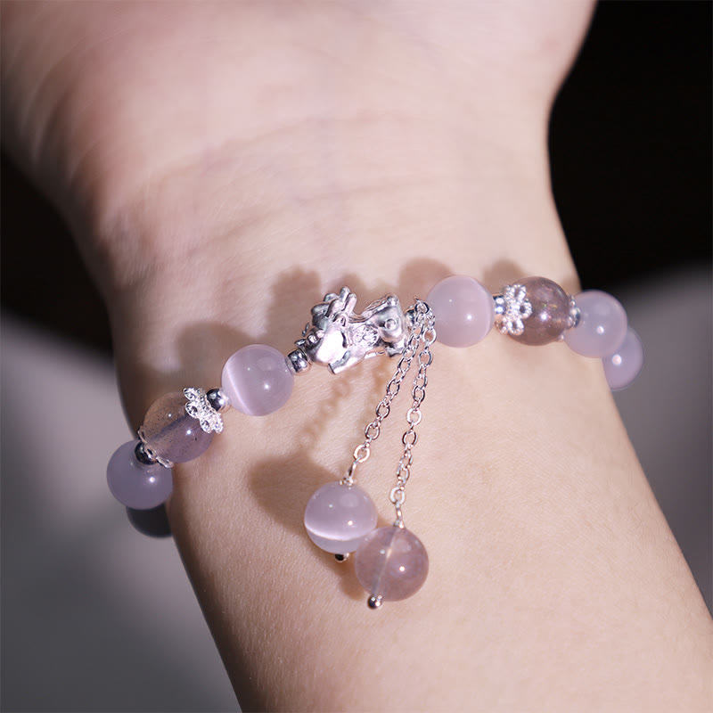 Mythstone Natural Cat's Eye Moonstone Strawberry Quartz PiXiu Support Bracelet