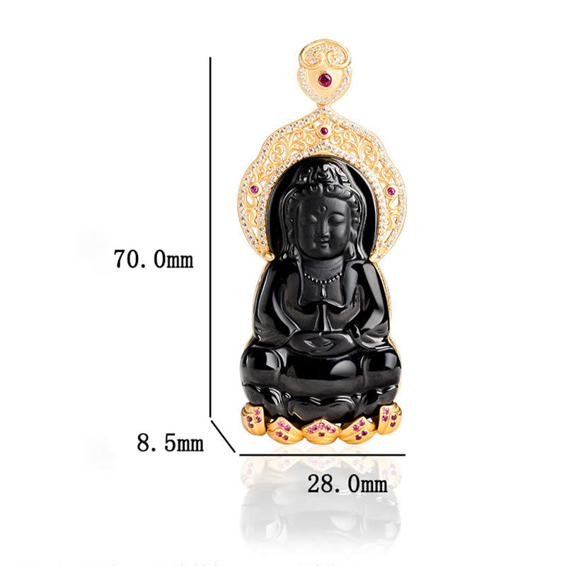 Colgante de plata de ley 925 con jade negro natural y símbolo de la riqueza de Kwan Yin Avalokitesvara