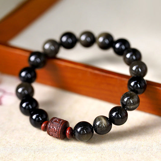 Mythstone Natural Gold Sheen Obsidian Rainbow Obsidian Om Mani Padme Hum Fu Character Healing Bracelet