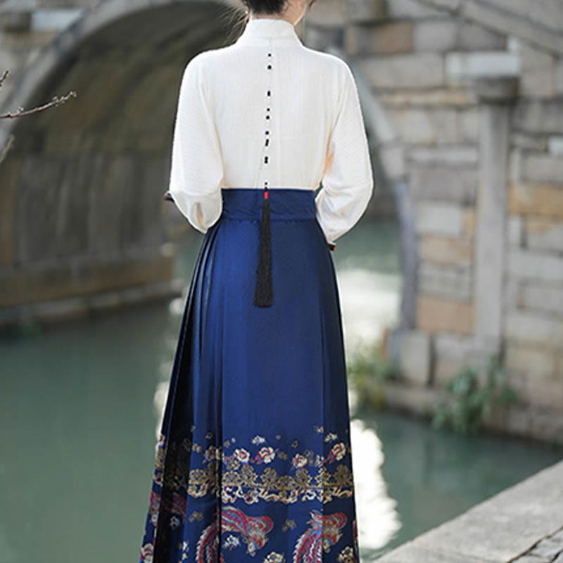 Mythstone Blue Phoenix Flowers Printed Chinese Hanfu Horse Face Skirt Mamianqun