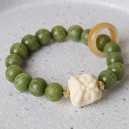 Mythstone Green Bodhi Seed Ivory Fruit Dancing Lion Om Mani Padme Hum Engraved Peace Bracelet