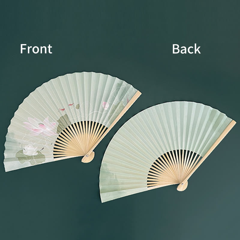 Mythstone Lotus Flowers Leaf Koi Fish Handheld Paper Bamboo Folding Fan