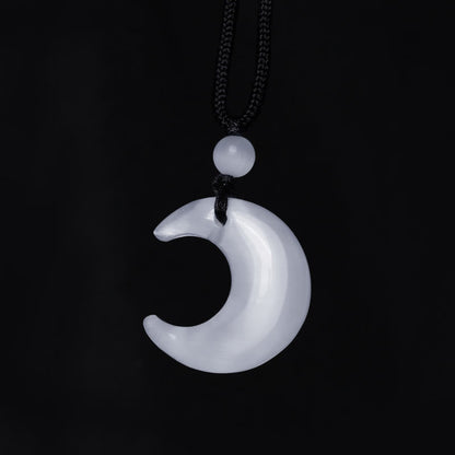 Mythstone Natural Silver Sheen Obsidian Selenite Crystal Crescent Moon Yin Yang Couple Protection Necklace Pendant