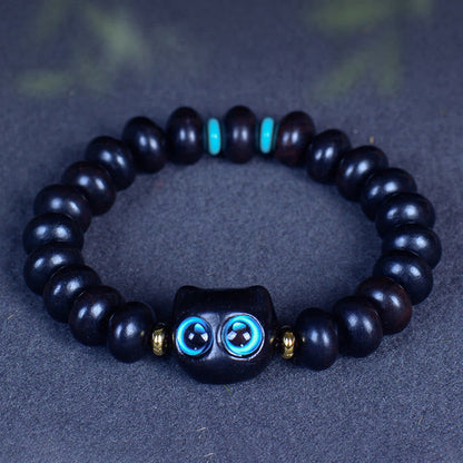 Pulsera de equilibrio de paz con forma de gato encantador de madera de ébano y cristal de Liuli Mythstone 