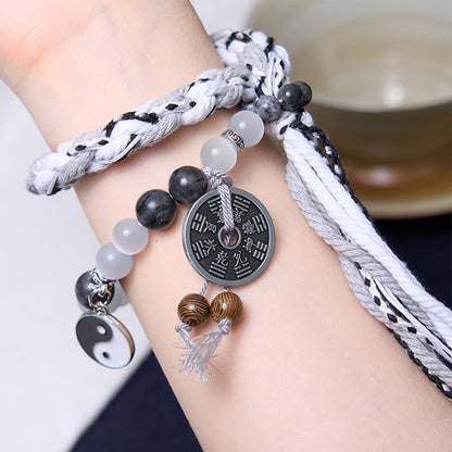 Mythstone Black Glitter Stone Cat's Eye Yin Yang Mountain Ghosts Spend Money Power Double Layer Rope Bracelet