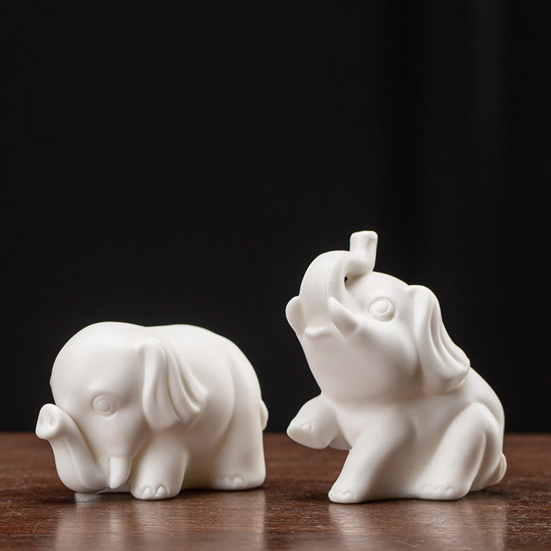 Mythstone Small Elephant Statue White Porcelain Ceramic Strength Home Desk Decoration