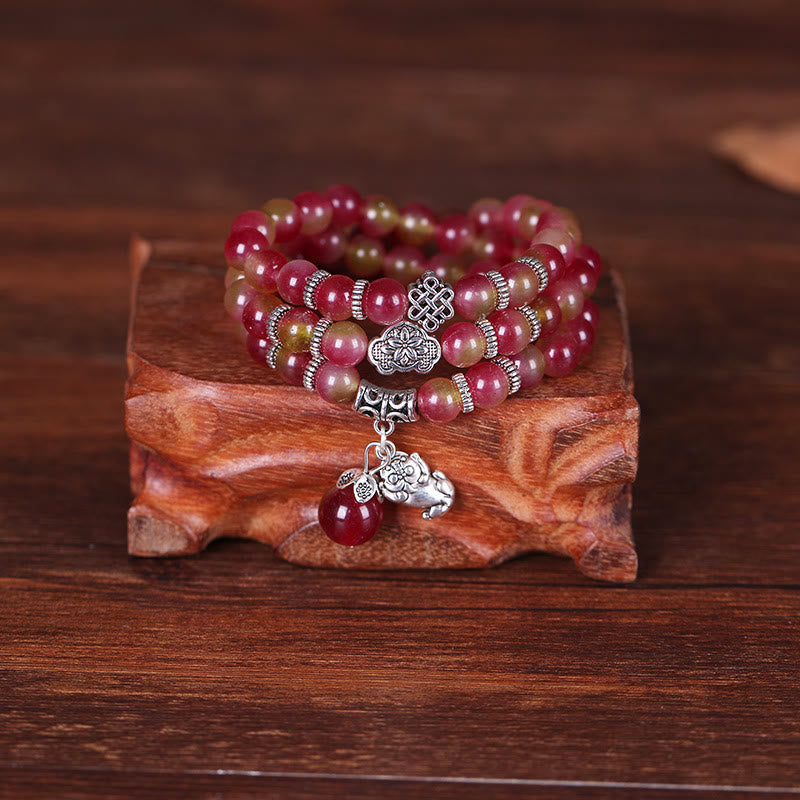 Mythstone Natural Watermelon Tourmaline PiXiu Elephant Positive Triple Wrap Bracelet