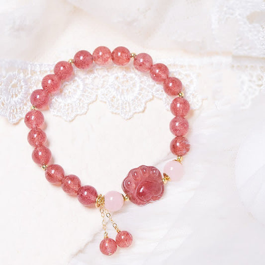 Mythstone Natural Strawberry Quartz Pink Crystal Lucky Cat Paw Love Bracelet