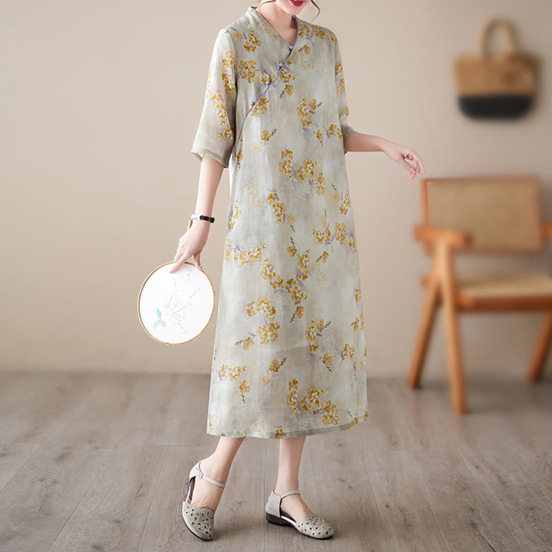 Mythstone Yellow Flowers Print Cheongsam Midi Dress Cotton Linen Half Sleeve Dress With Pockets