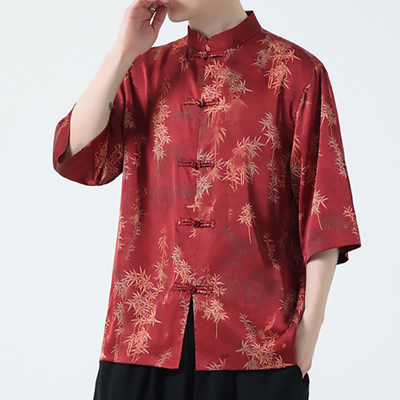 Mythstone Bamboo Leaves Pattern Chinese Half Sleeve Shirt Men T-shirt