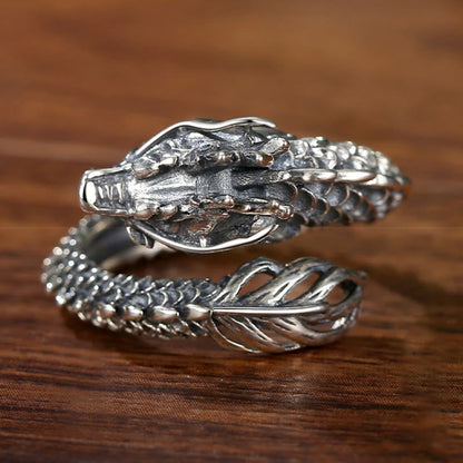 Mythstone 925 Sterling Silver Vintage Dragon Success Protection Strength Adjustable Ring