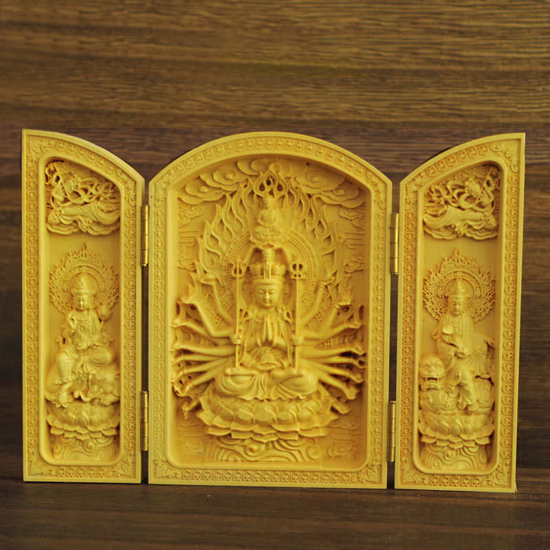 Mythstone Thousand-armed Avalokitesvara Kwan Yin Buddha Boxwood Wealth Home Decoration Altar