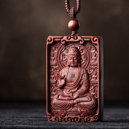 Mythstone Chinese Zodiac Natal Buddha Small Leaf Red Sandalwood Protection Necklace Pendant