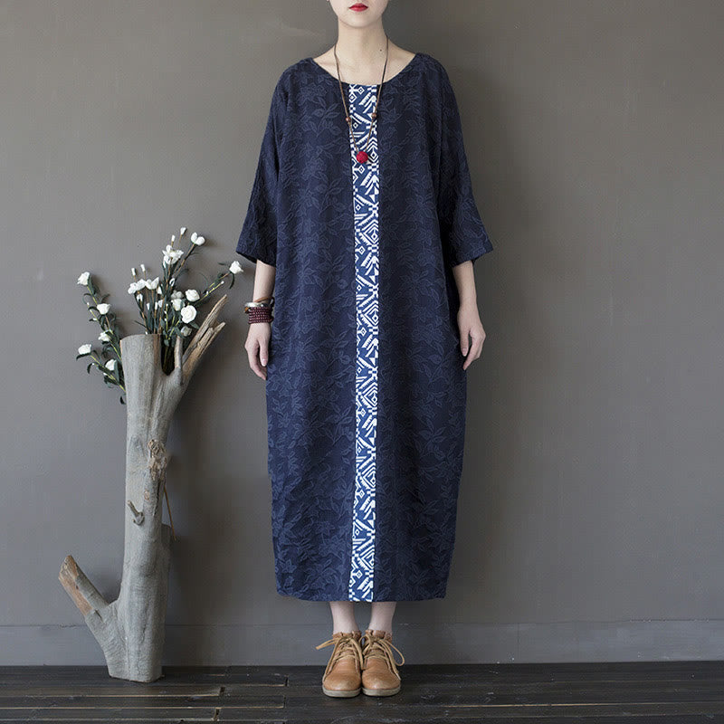 Mythstone Blue Flowers Embroidery Jacquard Midi Dress Three Quarter Sleeve Cotton Dress With Pockets