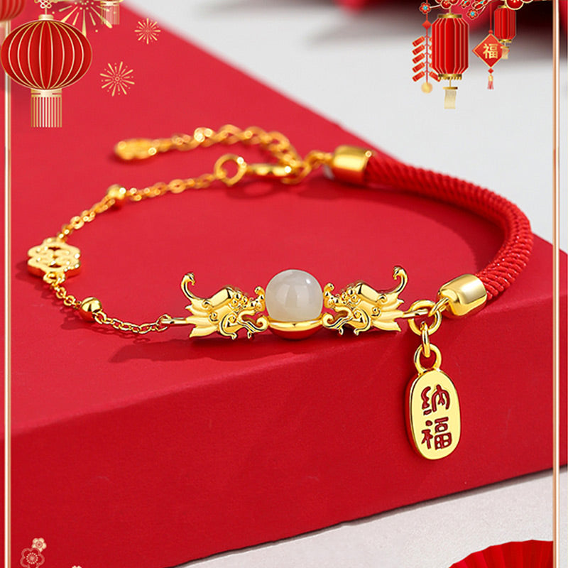 Mythstone Year of the Dragon 925 Sterling Silver Hetian Jade Attract Fortune Fu Character Luck Bracelet