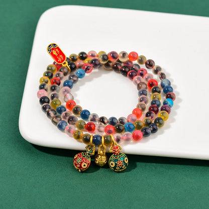 MythStone Colorful Candy Agate Gold Swallowing Beast Family Strength Charm Triple Wrap Bracelet