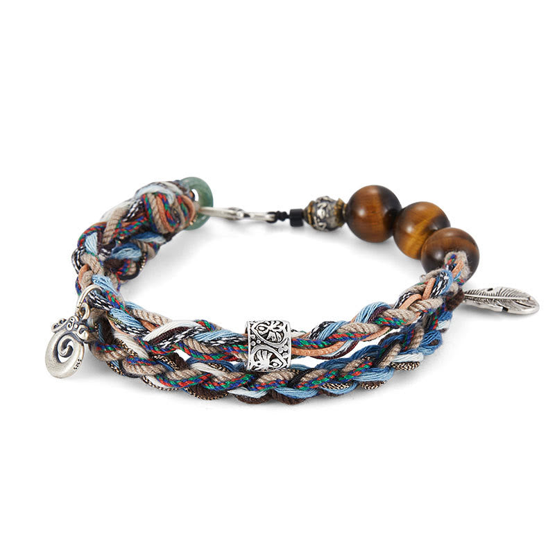 Mythstone 925 Sterling Silver Tiger's Eye Colorful Cotton Rope Handmade Willpower Bracelet