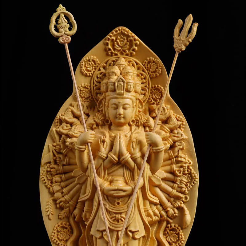 Mythstone Handmade Thousand-armed Avalokitesvara Kwan Yin Bodhisattva Statue Boxwood Abundance Home Decoration