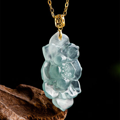 Mythstone 18K Gold Natural Jade Lotus Pattern Prosperity Necklace Pendant