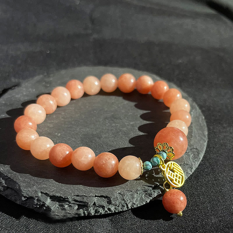 Mythstone Natural Orange Stone Turquoise Fu Character Charm Luck Fortune Bracelet