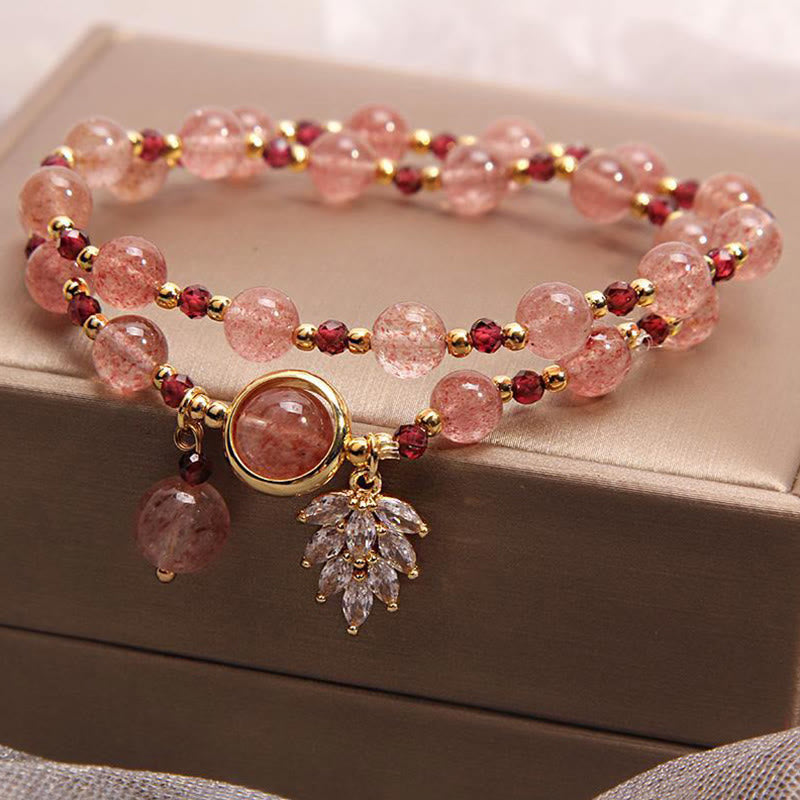 MythStone Natural Strawberry Quartz Love Healing Maple Leaf Charm Double Wrap Bracelet