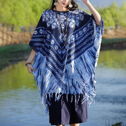 Mythstone Blue Striped Floral Indigo Dyeing Shawl Tassels Cozy Pullover 90*95cm