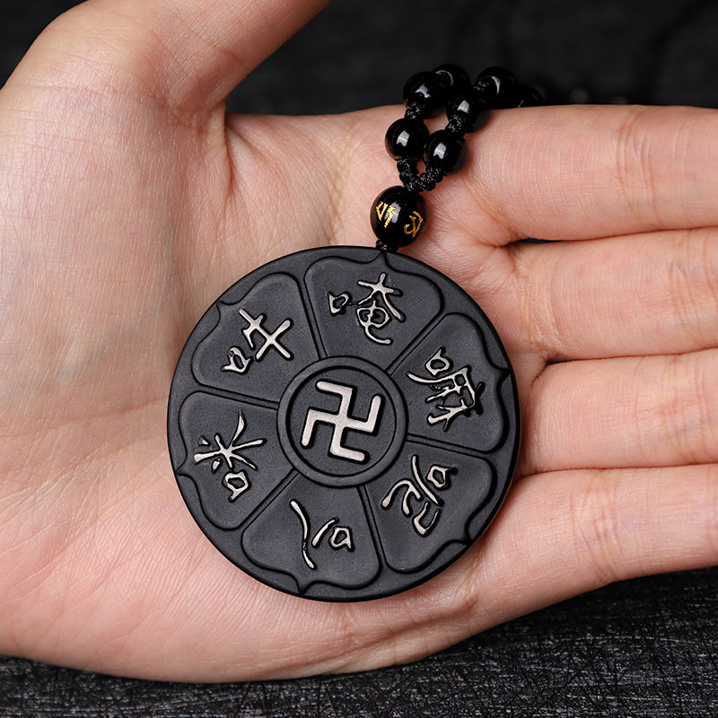 Mythstone Natural Black Obsidian Tibetan Om Mani Padme Hum Buddha Swastika Luck Necklace Pendant