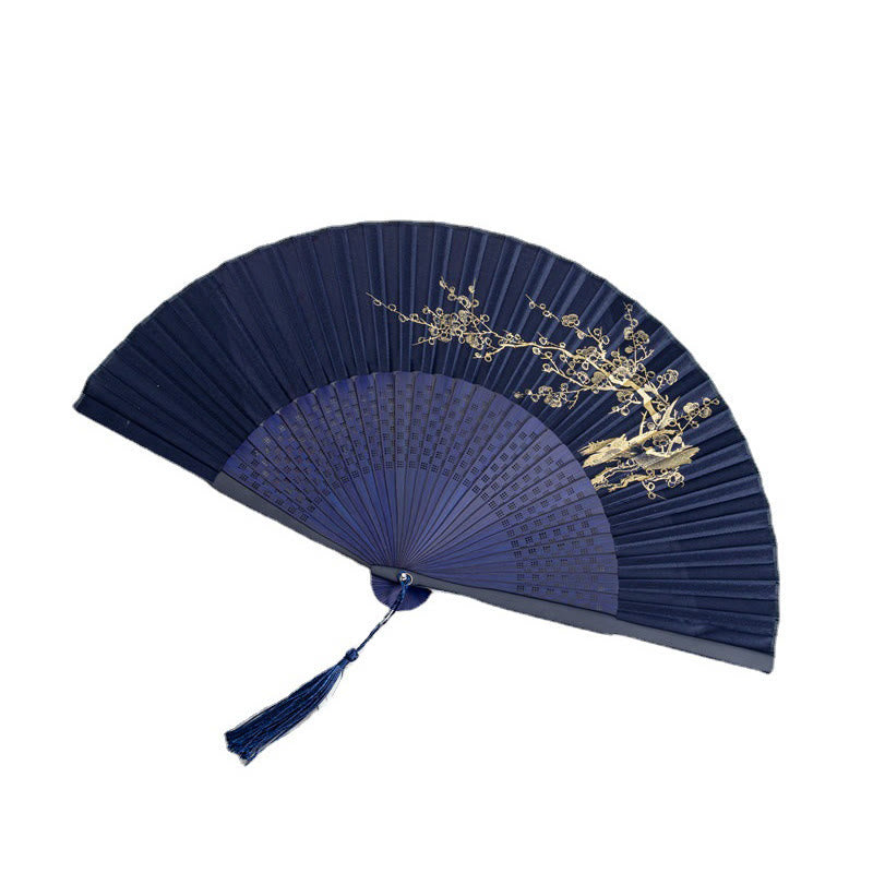 Mythstone Crane Dragonfly Lotus Peony Plum Blossom Butterfly Handheld Silk Bamboo Folding Fan 22.5cm