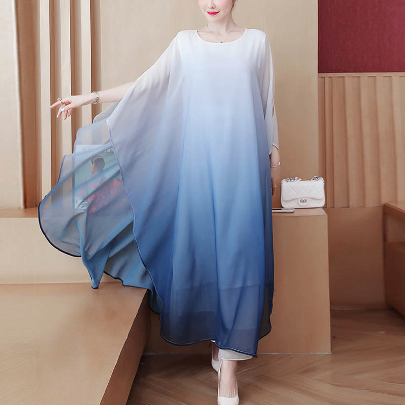 Mythstone Gradient Color Half Sleeve Chiffon Midi Dress Meditation Zen Practice