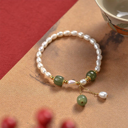 Mythstone 925 Sterling Silver Natural Pearl Hetian Jade Healing Bracelet