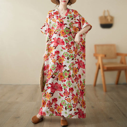 Mythstone Red Blue Green Flowers Midi Dress Cotton Half Sleeve Dress With Pockets