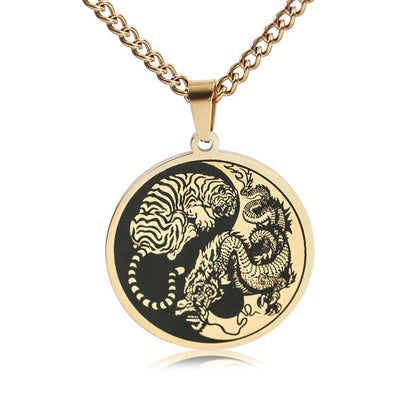 Mythstone Tiger Dragon Titanium Steel Chain Necklace Harmony Pendant