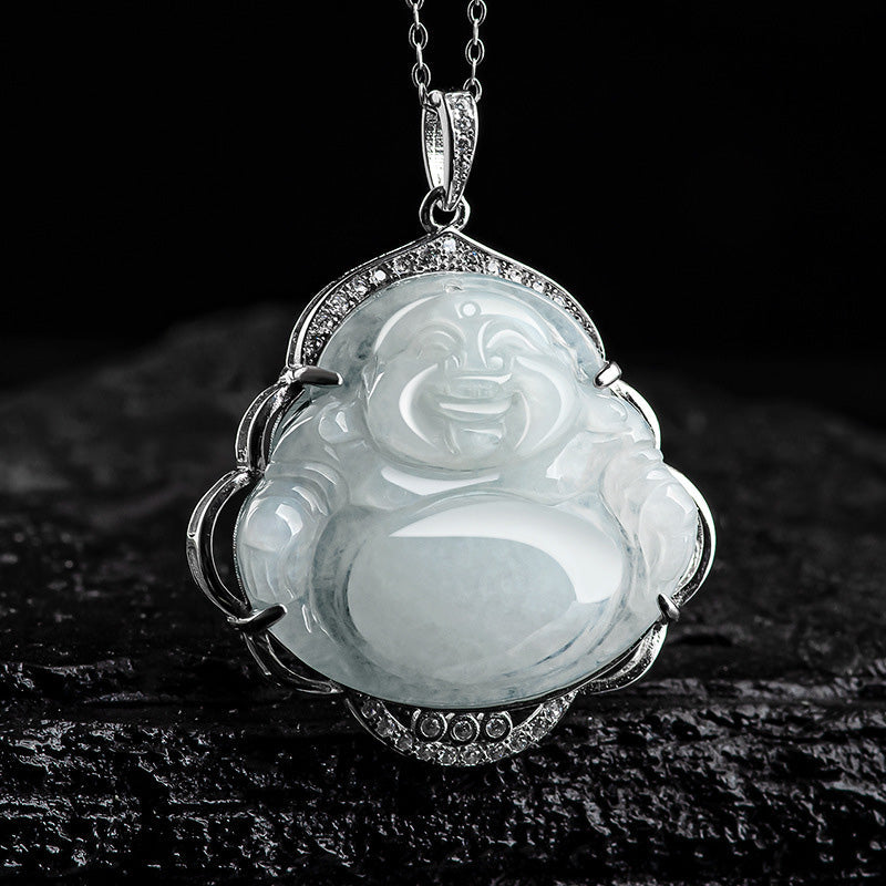 Mythstone 925 Sterling Silver Laughing Buddha Natural Jade Abundance Necklace Pendant