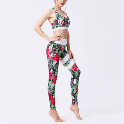 Mythstone 2Pcs Sunflower Flowers Leaves Print Top Pants Sports Fitness Yoga Women's Yoga Sets